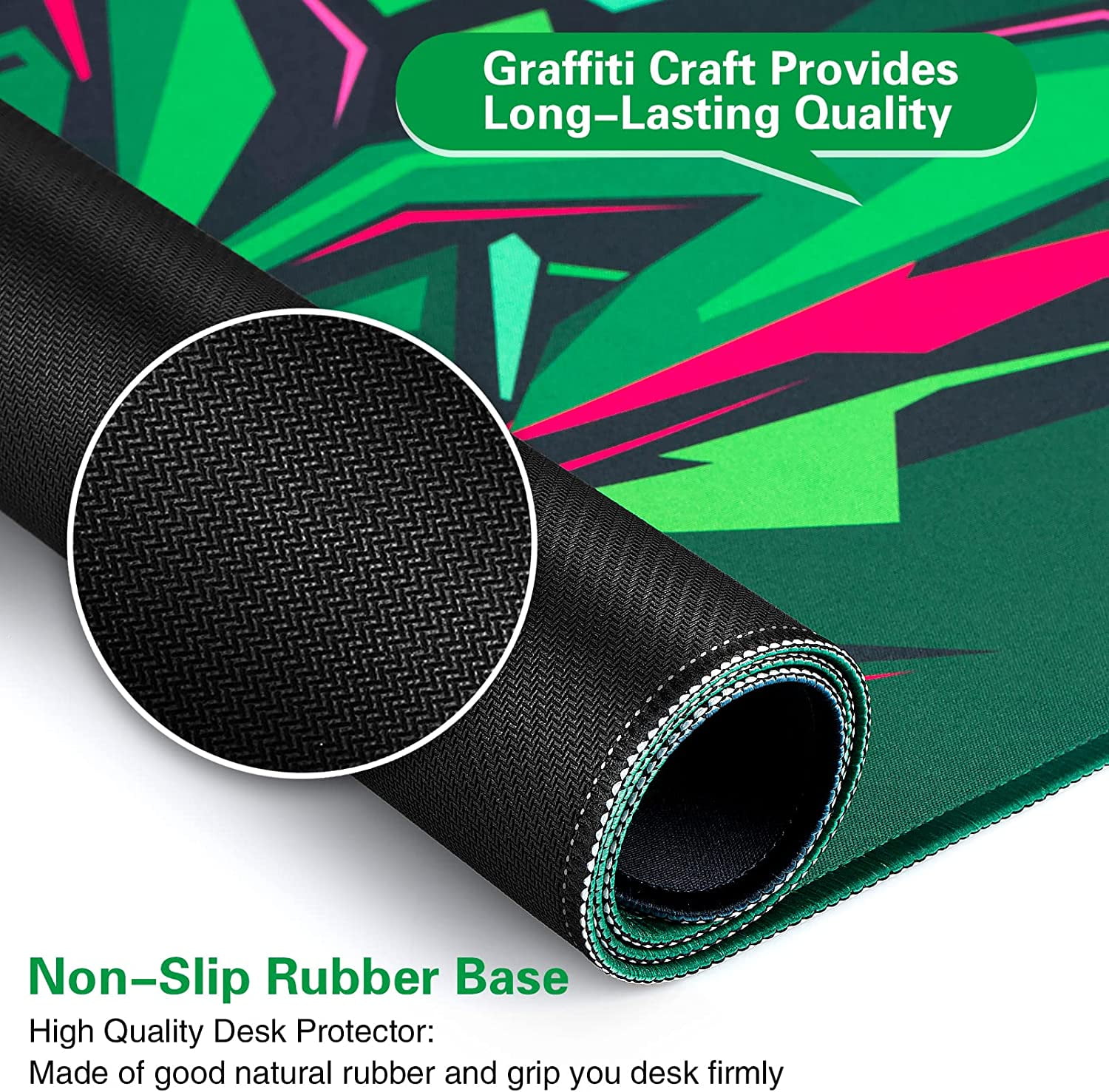 Gaming Mouse Pad, Extended Mouse Pad 31.5x15.7inch XXL Large Big Computer Keyboard Mouse Mat Desk Pad with Non-Slip Base and Stitched Edge for Home Office Gaming Work (Green Graffiti)