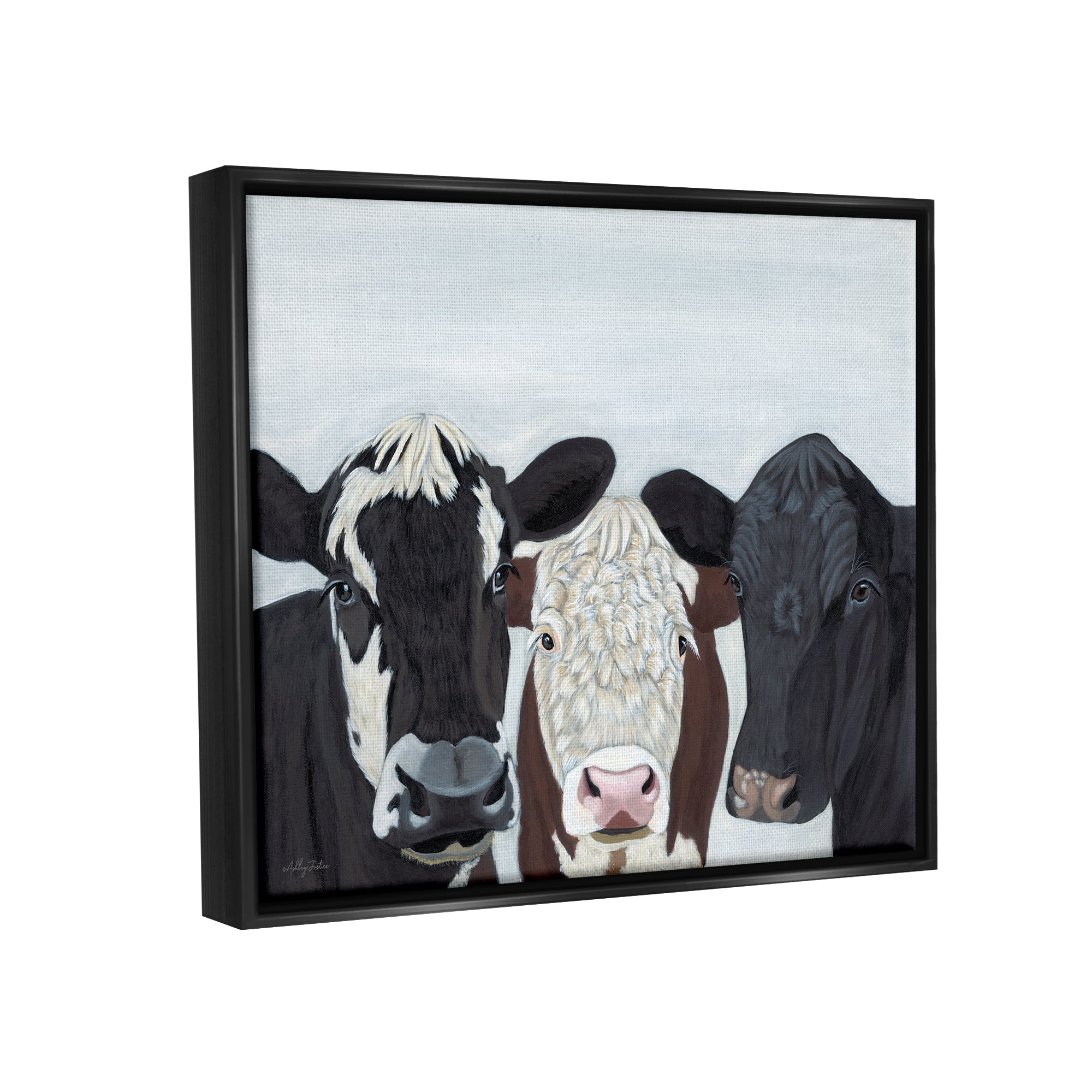 Stupell Three Cows Fun Farmhouse Portrait Animals & Insects Painting Black Floater Framed Art Print Wall Art