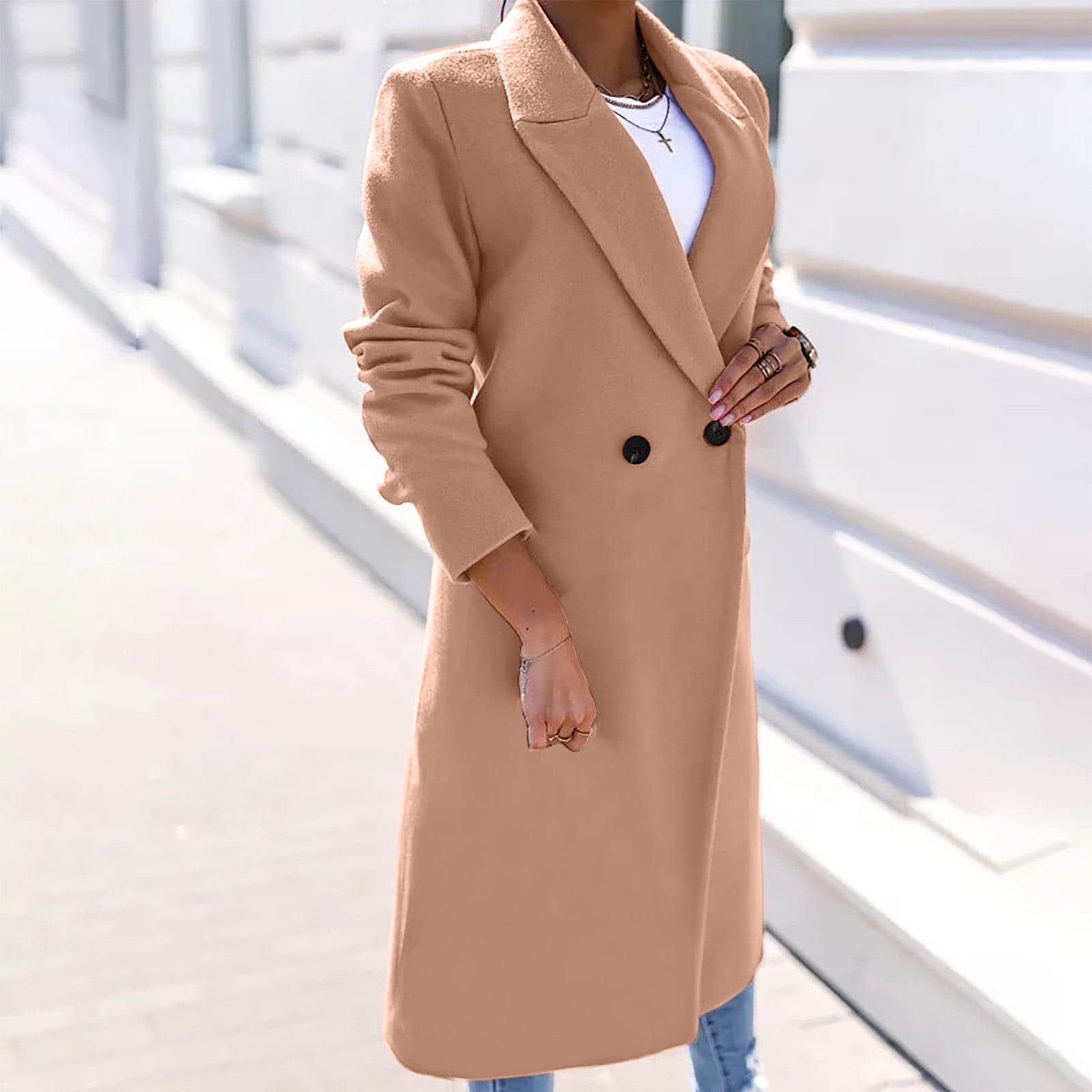 XFLWAM Trench Coats for Women Oversized Lapel Double Breasted Pea
