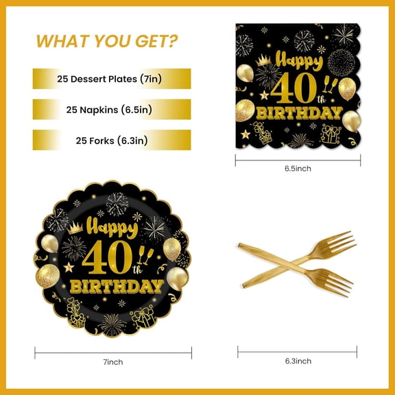 DFVYU-75 PCS 40th Birthday Party Supplies Paper Plates and Napkins,Black and Gold 40th Birthday Plates Napkins Tableware Set for Boys Girls Tableware Set Decorations