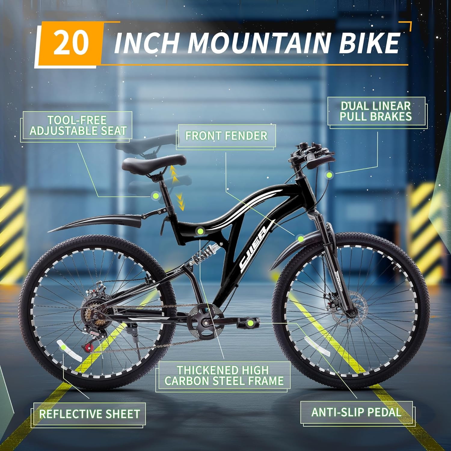 Akaber Mountain Bike for Boys, 20" Kids Bicycles Full Dual Suspension MTB Bicycle, 7-Speed High-Carbon Steel Frame, Double Disc Brake