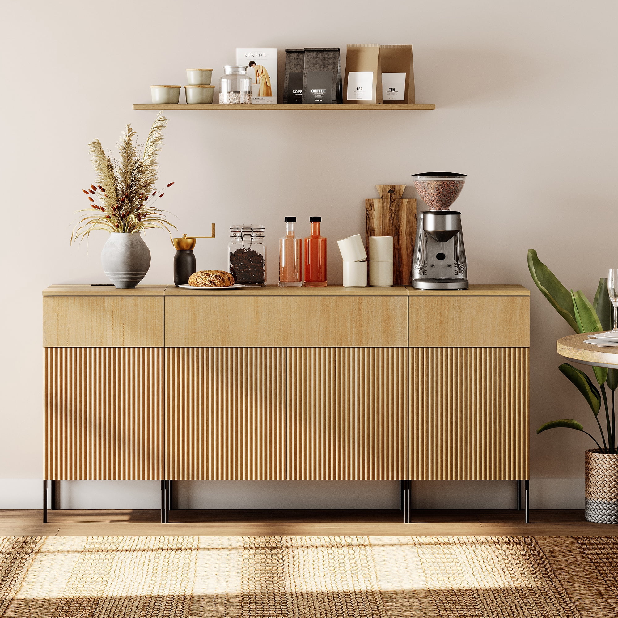 63" Wooden Reeded Sideboard with Doors and Drawers, 3-In-1 Modern Credenza with Charging Station for Kitchen, Dining Room
