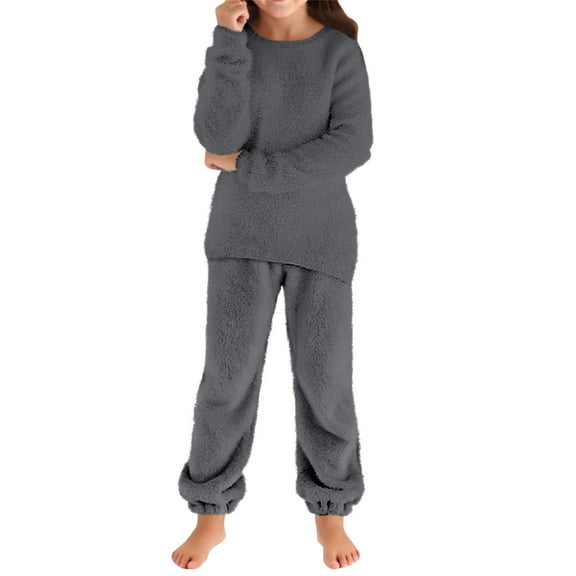 OGLCCG Girl's Fuzzy Fleece Lounge Sets Fall Winter 2 Piece Plush Loungewear Outfits Long Sleeve Sleepwear Top and Wide Leg Pants Sets 5-15 Years