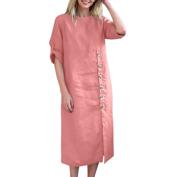 Largo Vestido de Verano Fluido con Botones, Ropa de Color Sólido, Longitud de Rodilla, Vestido Fluido Suelto para Mujeres con Bolsillos