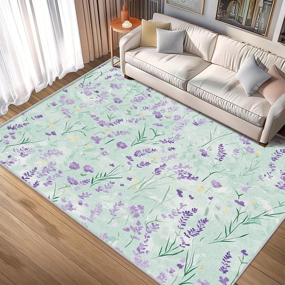 Lavender Flower Area Rugs, Purple Green Floral Carpet, Washable Non Slip Low Pile Soft Rug for Entryway Living Room Bedroom Decor Mat 2x3ft