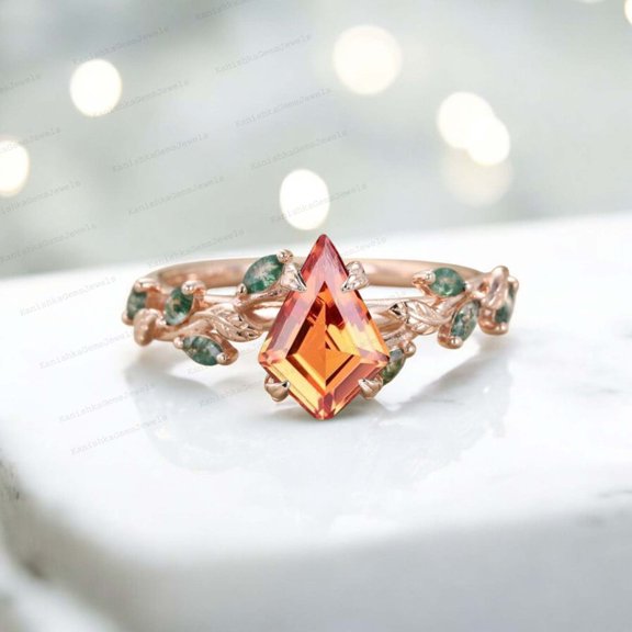KANISHKAGEMS&JEWELS 9x7MM / 1.5Ct Kite Cut Citrine Engagement Ring Moss Agate Bridal Wedding Jewelry November Birthstone Gift Ring Rose Gold Plated Prong Set Ring