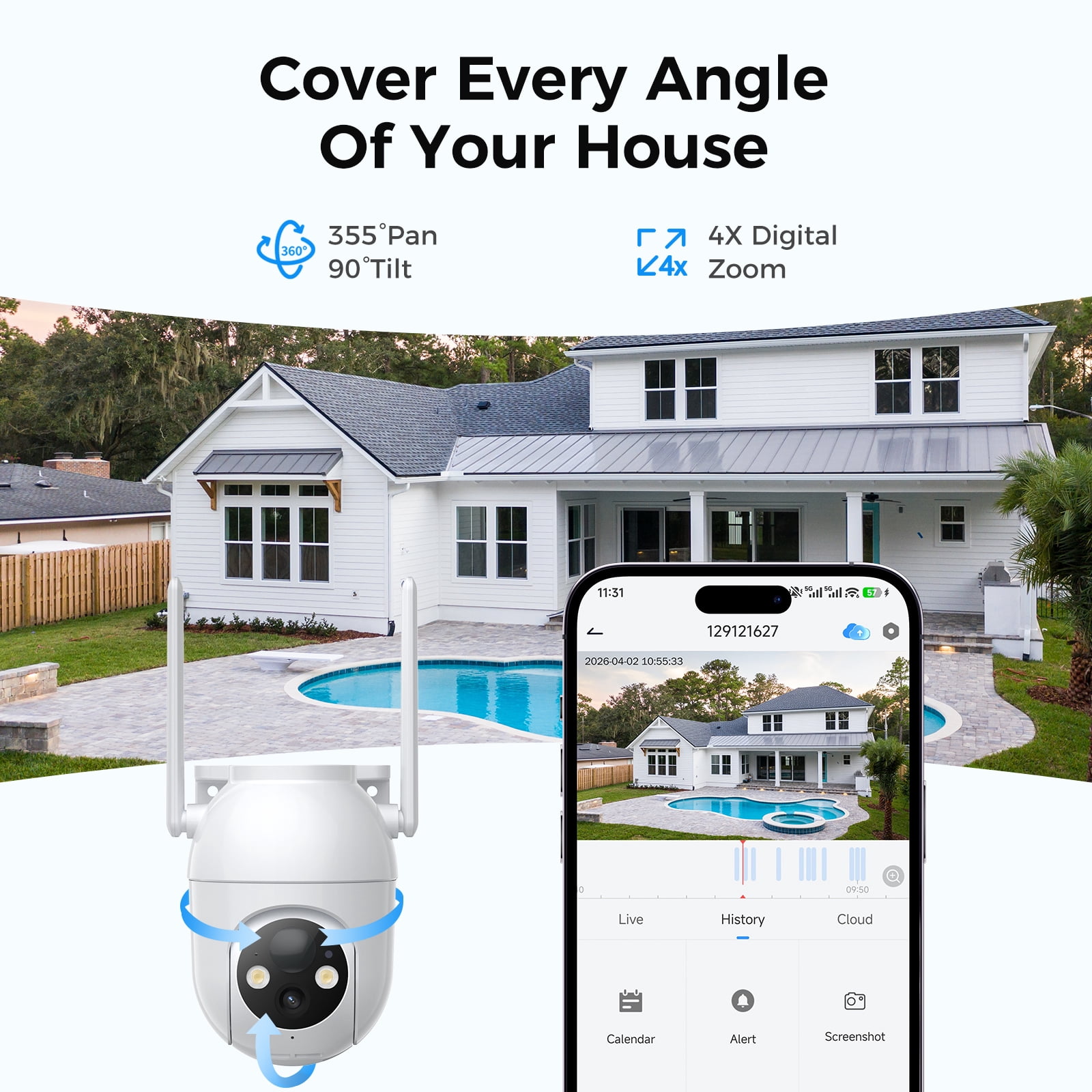 Security Cameras Wireless Outdoor WiFi, Solar Battery Powered, 360° View, AI Human Detection, Color Night Vision, 2-Way Audio, Real-Time Alerts, IP66 Waterproof, SD/Cloud Storage Black