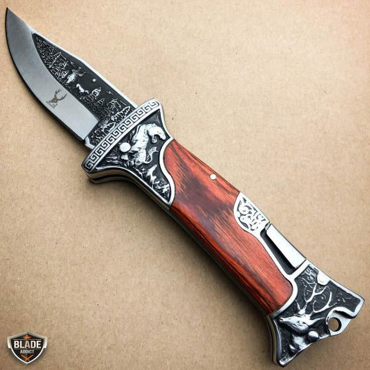 9" Brown Wood Handle Hunting Engraved Blade Lockback Folding Pocket Knife NEW