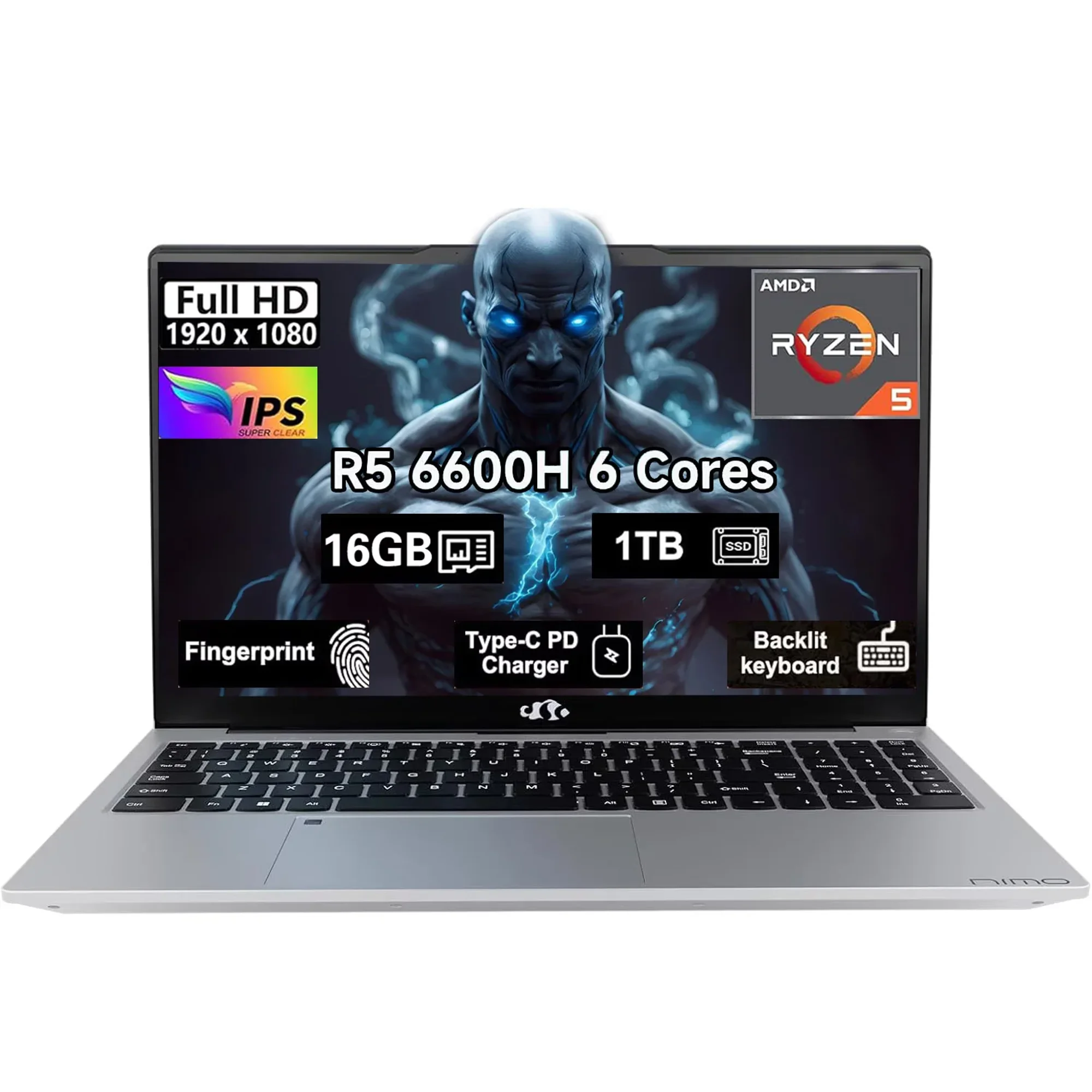 15.6" IPS FHD Gaming Laptop, 6 Cores AMD Ryzen 5 6600H 16GB DDR5 RAM 1TB SSD 660M 6nm GPU-Computer with 100W Type-C Backlit Keyboard, Fingerprint Silvery