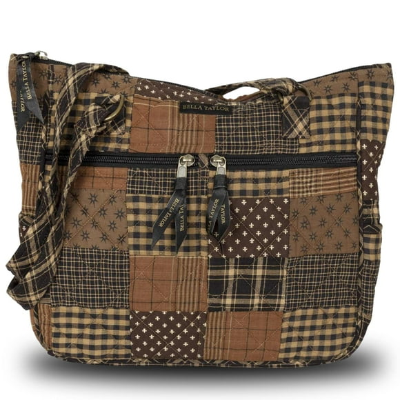 Bella Taylor Everyday Shoulder Tote Bag for Women Top Handle Lightweight Multi Compartment Handbag for Work, School, Travel Quilted Cotton Ironstone Black and Brown Patchwork
