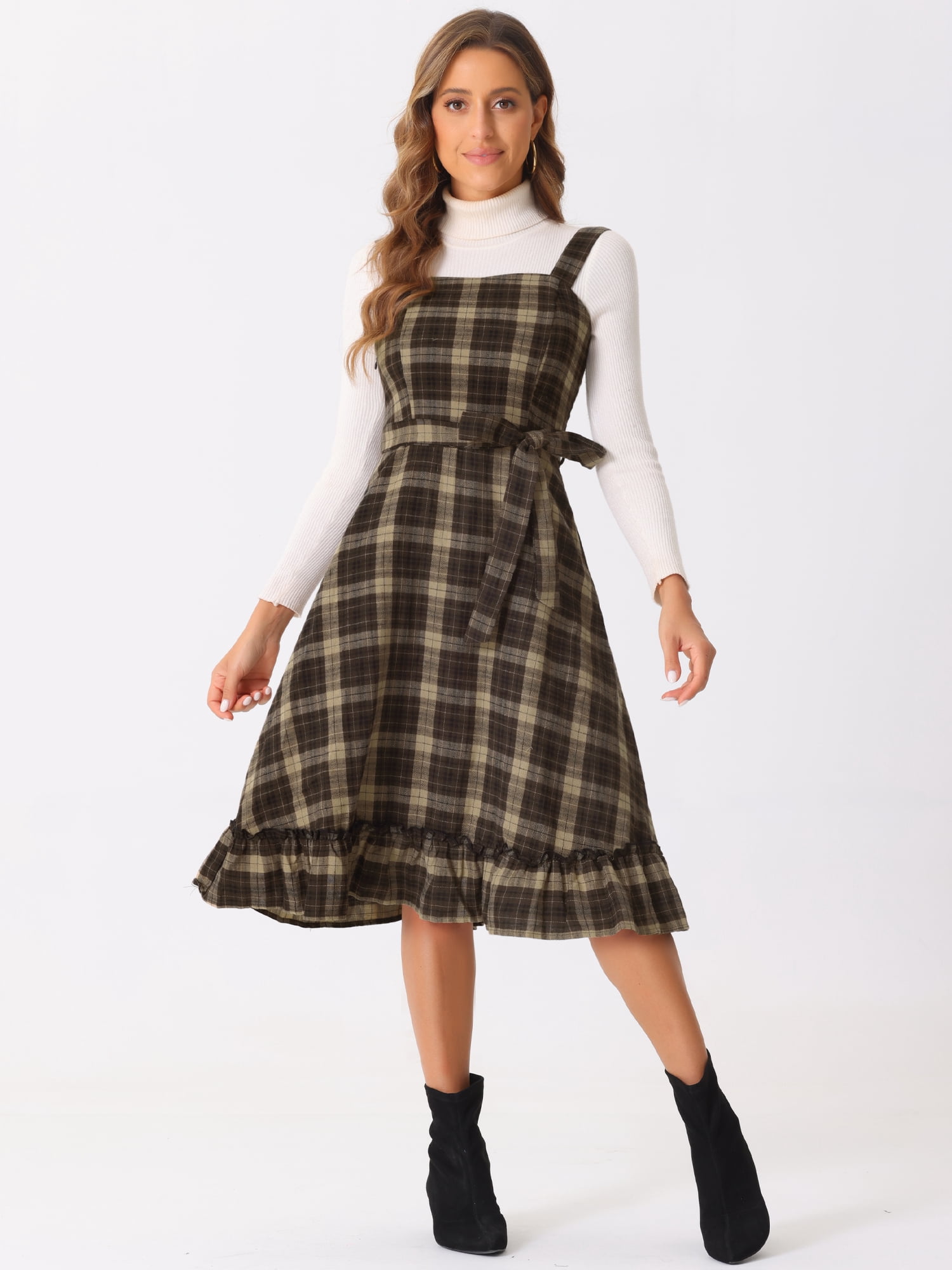 DARING DIVA Women's Ruffled Sleeveless Tie Waist A Line Plaid Dress XS Khaki Brown