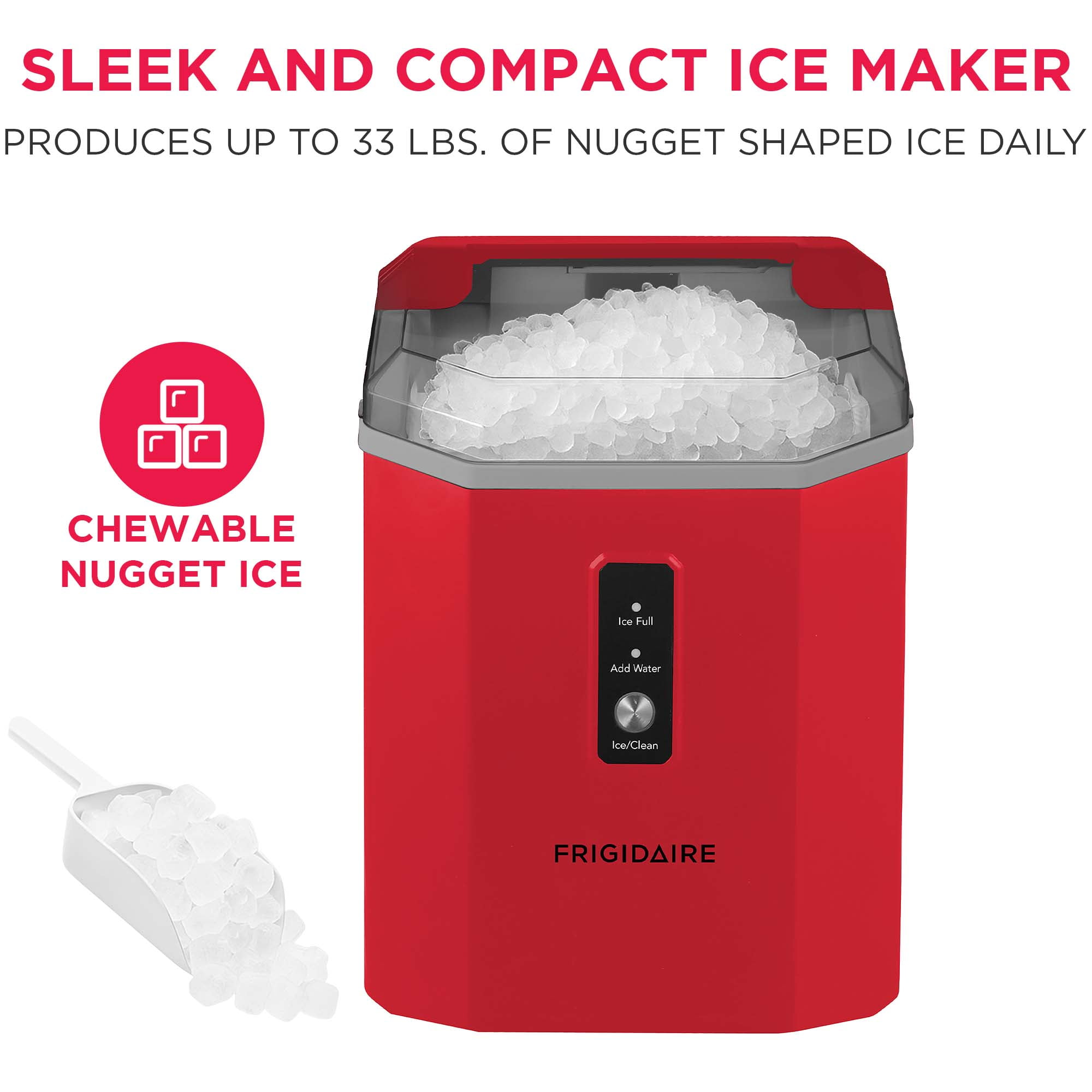 Frigidaire 33lb Countertop Nugget Pellet Ice Maker Self-Cleaning, Red