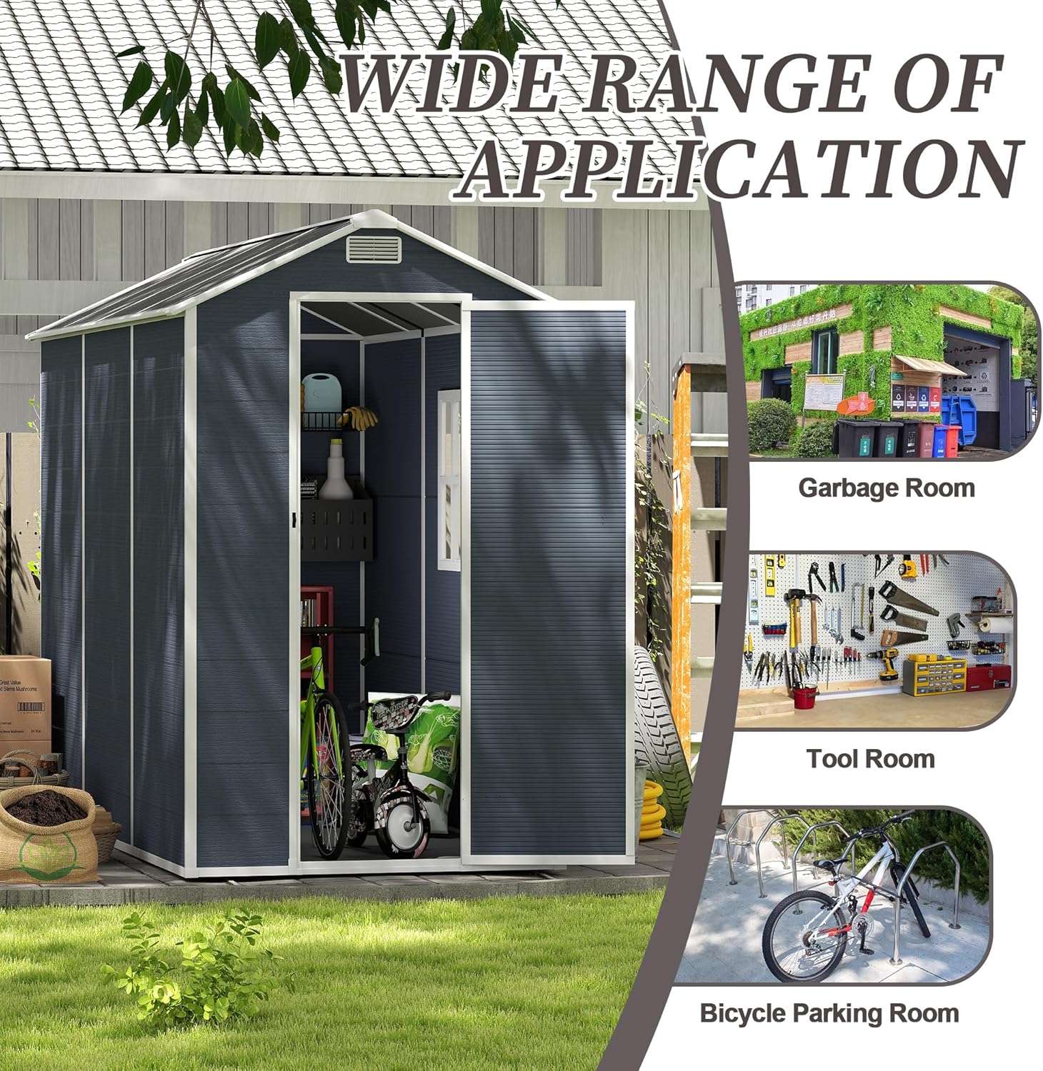 6x6 Ft Plastic Outdoor Storage Shed with Floor, Resin Plastic Tool Shed with Lockable Door for Yard, Garden Shed Patio, Weatherproof, Black