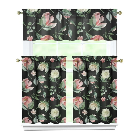 Pioneer Kitchen Curtains and Valance Set 36 Inch Tier Pink and White Gouache Floral Pattern 3 Pieces Set Dining Room Small Curtain Drapes Cafe Curtains Valance for Home Decor Rod Pocket