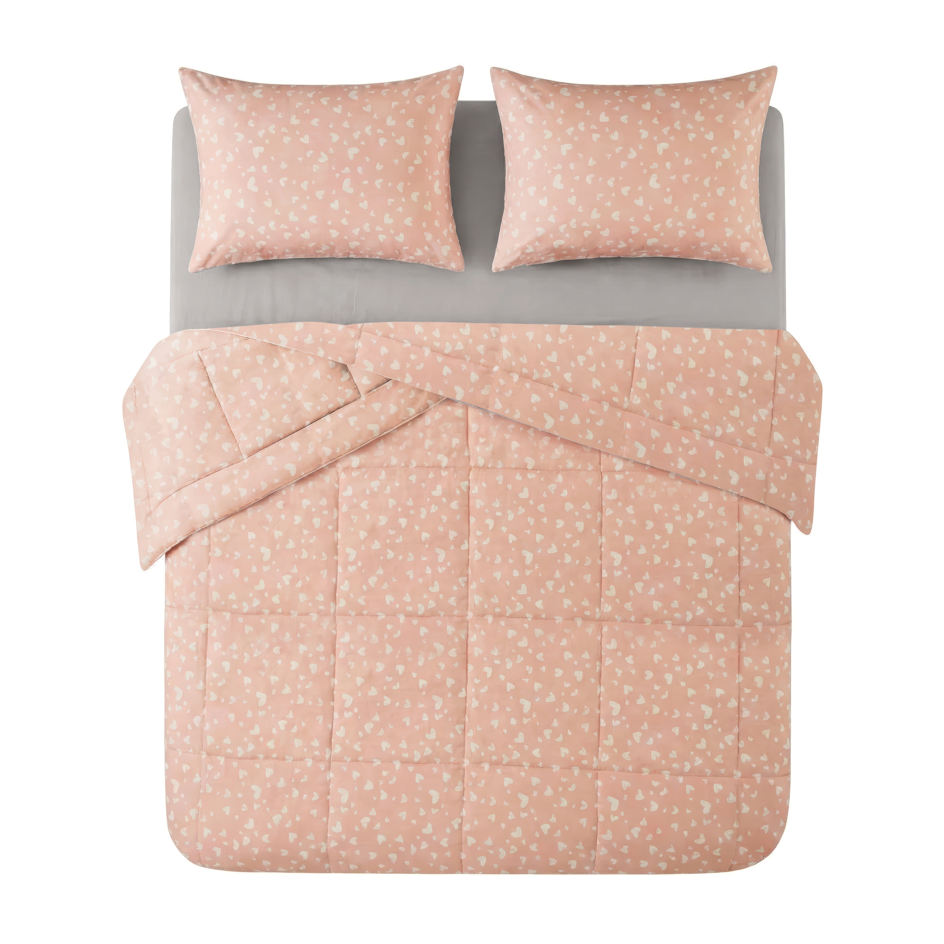 Mainstays All in One Reversible Comforter and Sheet set- 7 Piece, Queen, Pink and White Heart