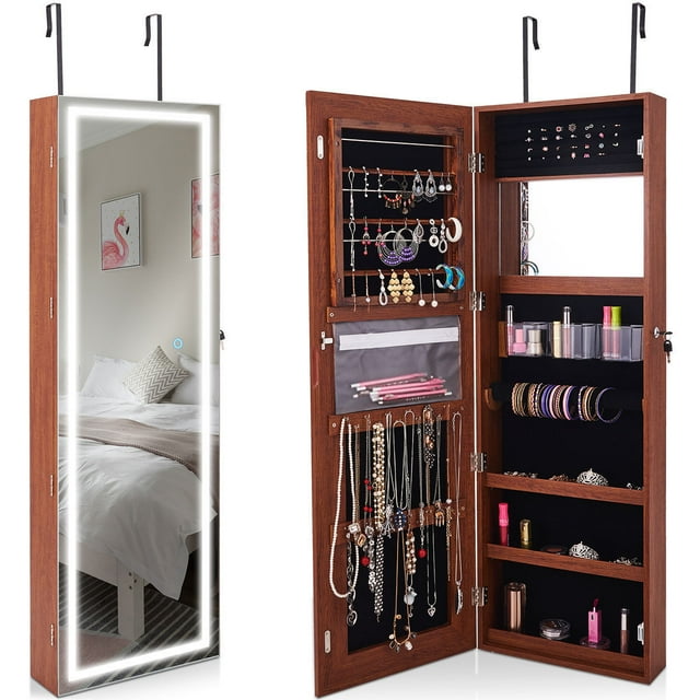 Costway Door Wall Mount Touch Screen LED Light Mirrored Jewelry Cabinet Storage Lockable