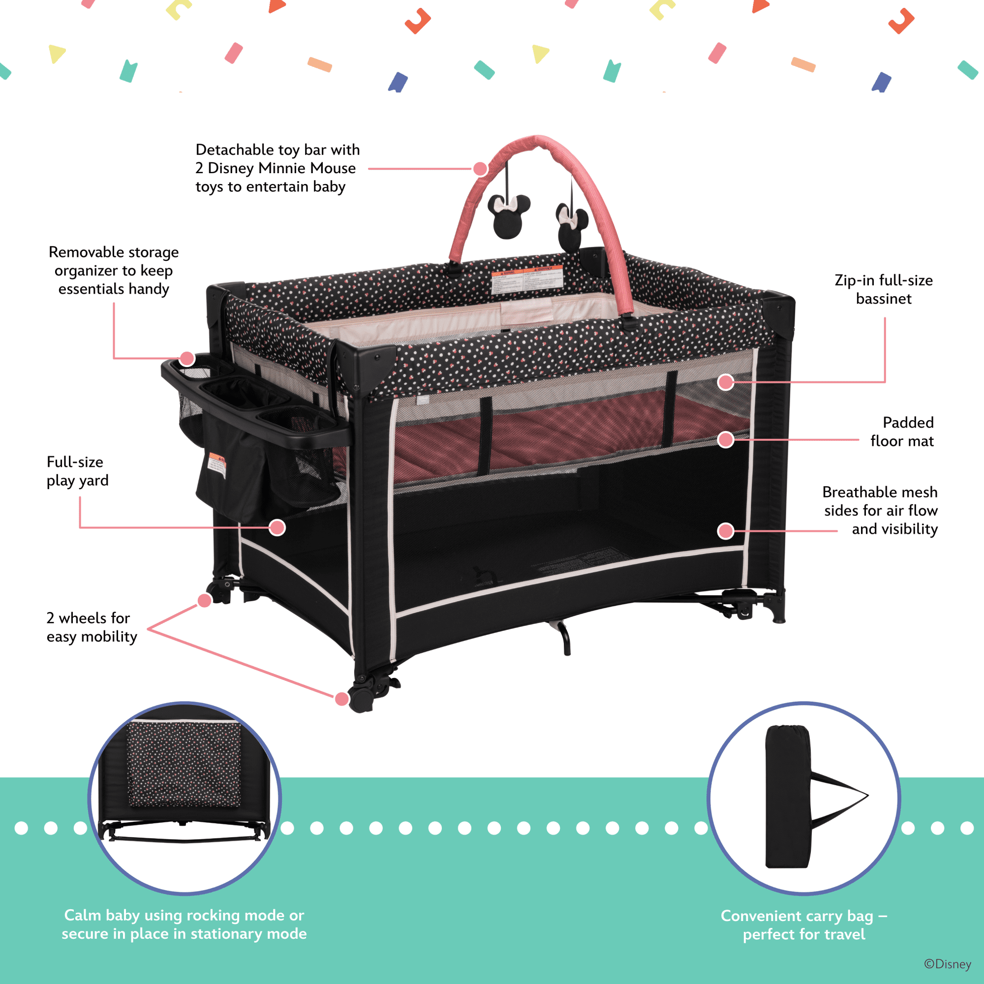 Disney Baby Classic Mickey Mouse 2-in-1 Play Yard with Rocking Bassinet, Mickey Sprinkle,