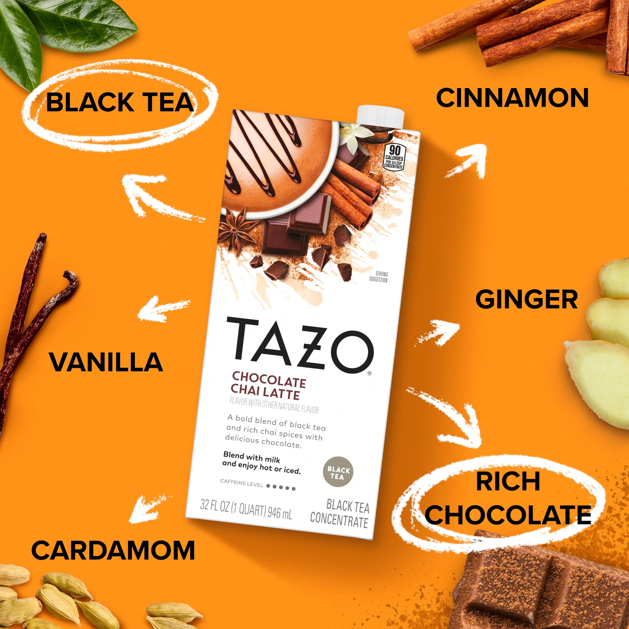 (6 pack) TAZO Chocolate Chai Tea Latte, Flavored Black Tea Concentrate, Easy to Serve Café-Style Lattes, Caffeinated, Hot or Iced Chocolate Tea, 32oz  Carton