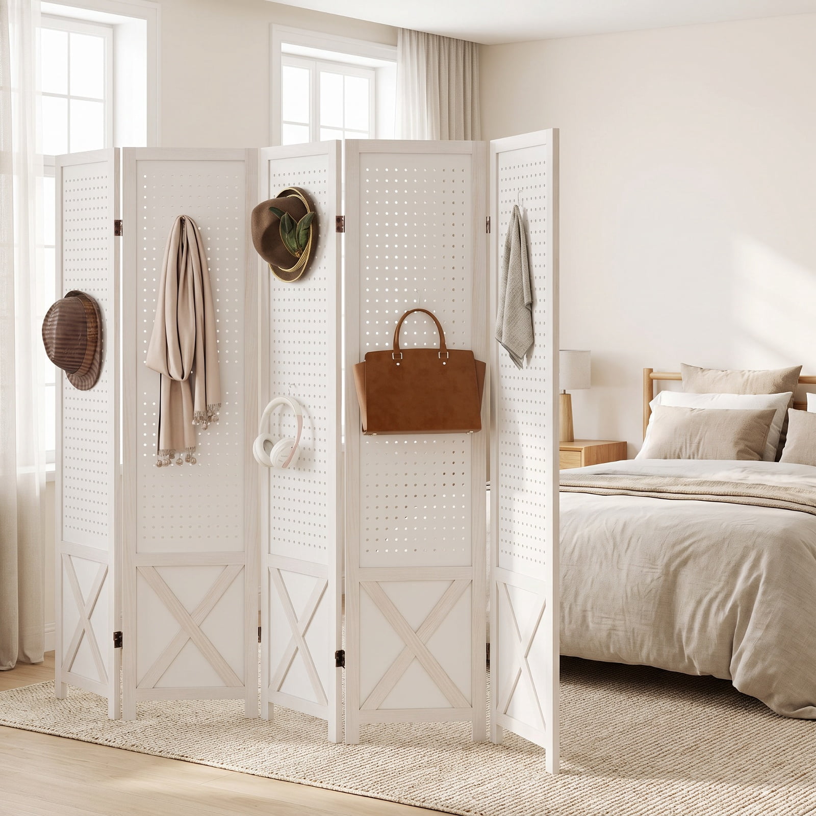 Vebreda 6-Panel Pegboard Room Divider, 67 in Tall Foldable Wood Privacy Screen with Peg Holes for Hanging Storage, Freestanding Partition for Home Office, White