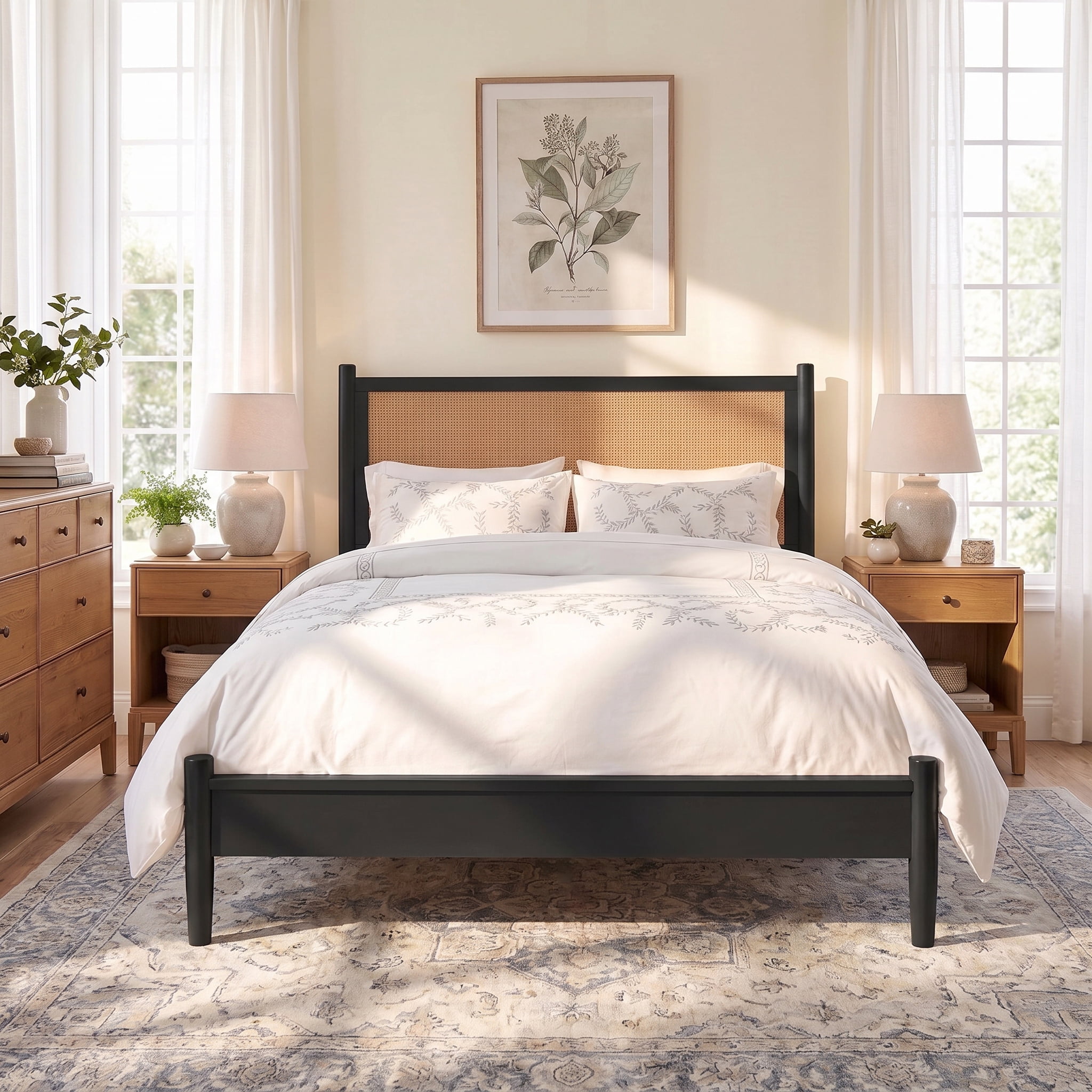 Euroco Modern Wood King Size Platform Bed with Rattan Headboard,Wicker Bed, No Box Spring Needed, Black