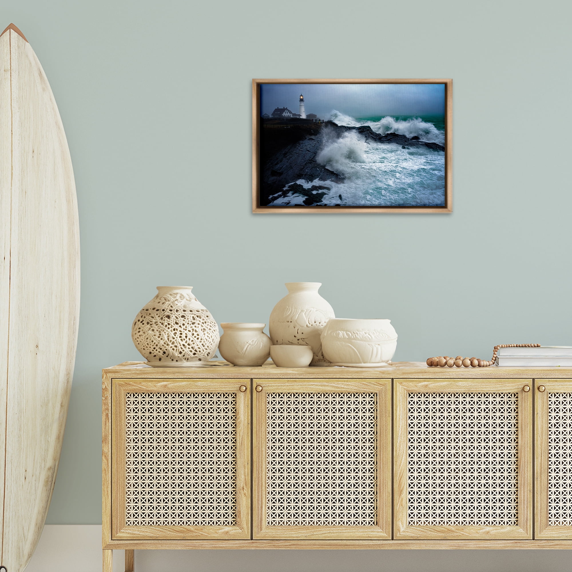 Stupell Industries Splashing Waters with Lighthouse Nautical & Beach Photography Brown Floater Framed Canvas Art Print Wall Art, 25 x 17