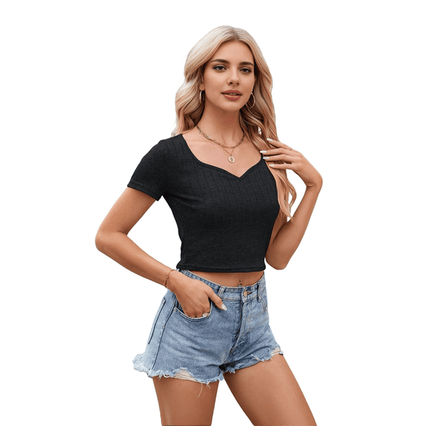 Camiseta de Corta con Cuello en V y Ombligo Al Descubierto, Negra, Talla XL