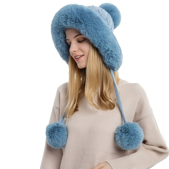 WMTBSRSW Women Knit Beanies Hats Winter Warm Peruvian Cover Ears Faux Fur Skull Cap Pompom Fluffy Fleece Lined Hats