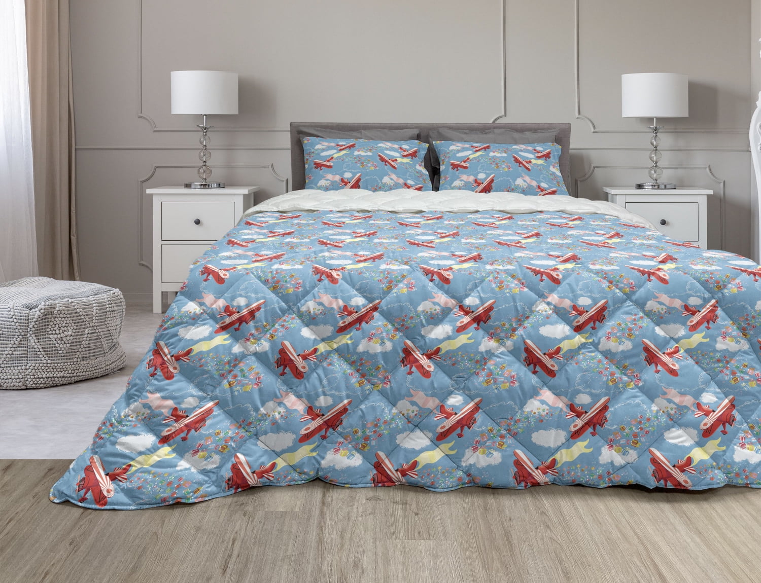 Airplane Comforter & Sham Bedding Set, Retro Biplanes with Pennants