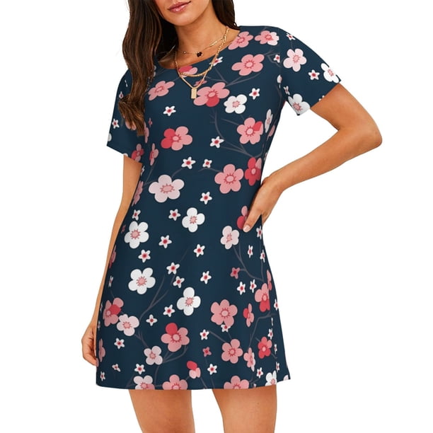 Fotbe Cherry Blossoms Bata de Dormir para Mujer con Estampado, Camisón de Algodón de Manga Corta, Ropa de Dormir Casual
