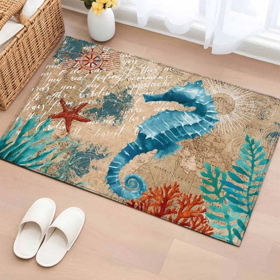 2x3 Ft Entryway Area Rug, Sea Seahorse Coastal Kitchen Rug Runner Washable Floor Mat, Brown Nautical Summer Coral Vintage Non Slip Indoor Door Mat Throw Carpet for Bathroom Living Room Bedroom