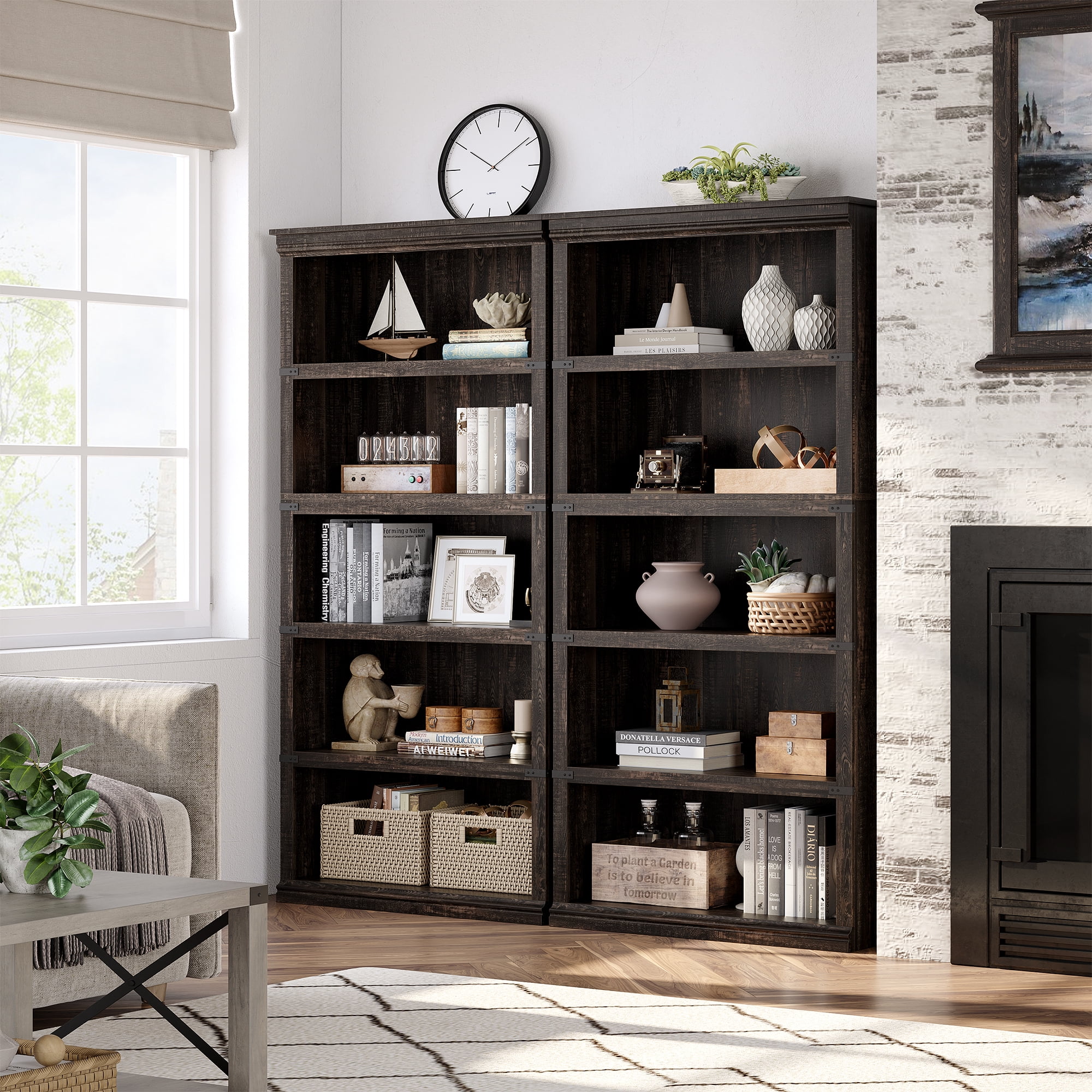 Aoile 5 Tier Farmhouse Bookshelf, 12.7" x 31.4" x 67.4" Heavy Duty Freestanding Bookcase, Bookshelves with Storage Open Display for Home Office, Living Room, Bed Room, Bathroom, Oak