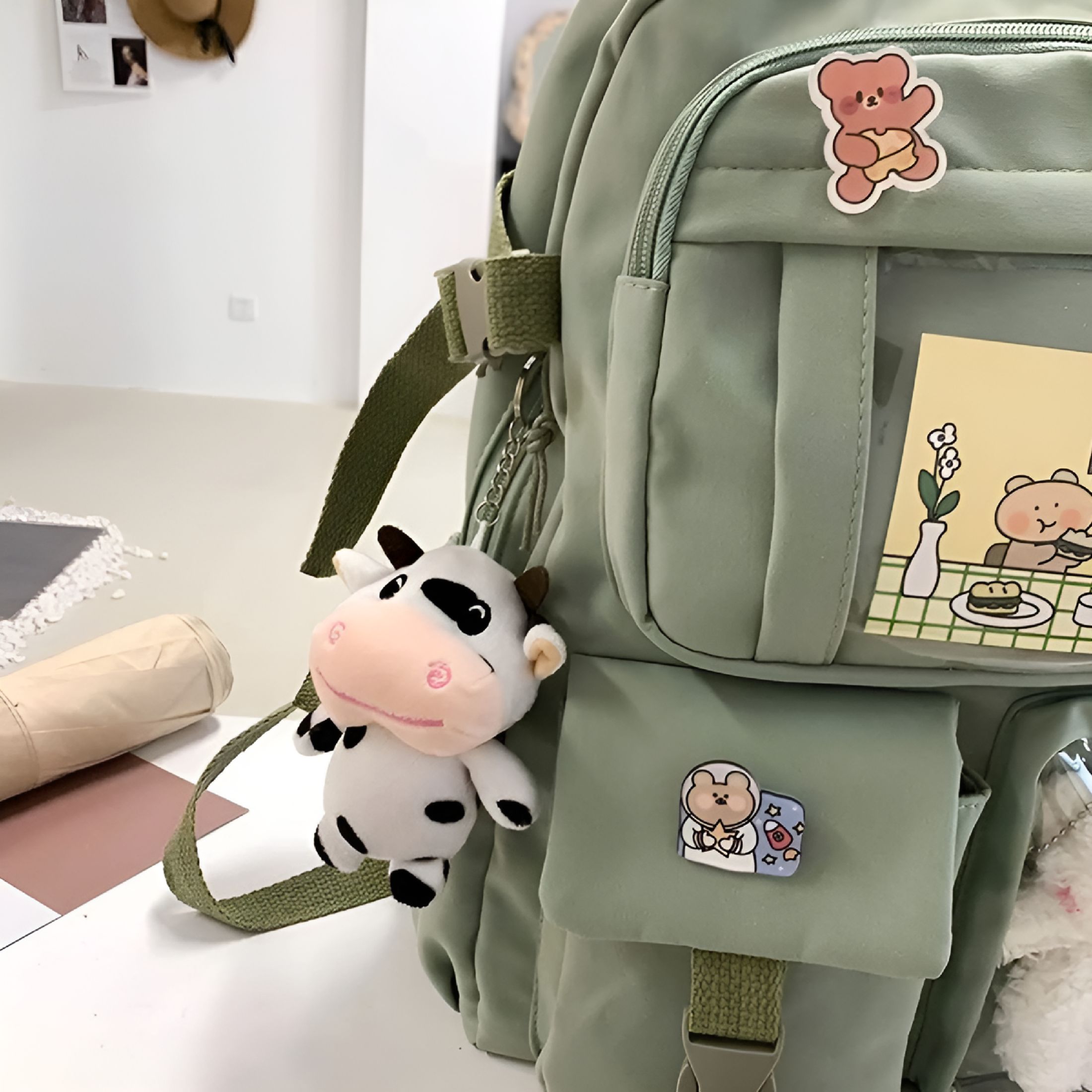 GASTROPOD 2026 New Kawaii Cute Bear Backpack with Cow Pendant & Pins - Back to School Supplies Student Animal Japanese Anime Bag Daypack for School, Travel, Outing, Casual Use