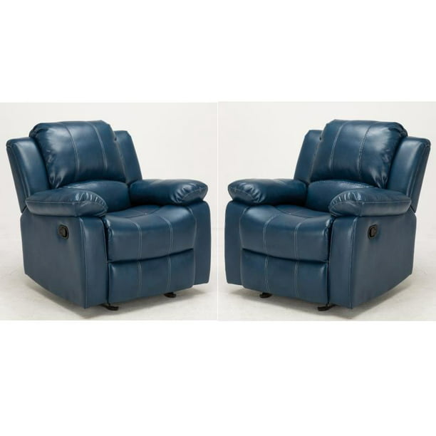 2 Piece Faux Leather Recliner Set, Navy Blue Leather Recliner Chairs