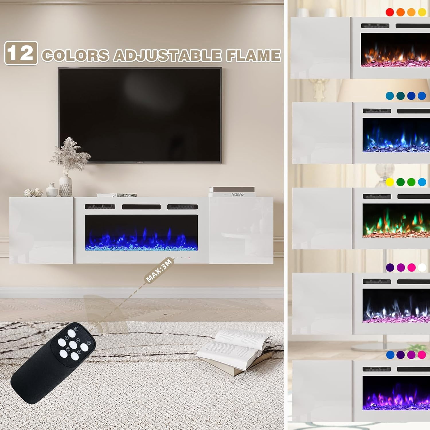 MELLCOM 70'' Floating Fireplace TV Stand with 36'' Electric Fireplace, Entertainment Center with 12 Color Led Lights, TV Console for TVs up to 80'' for Living Room, White