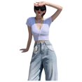 thumbnail image 2 of SAYOO Women Crop Tops, V-Neck Slim-Fit Solid Color Short Sleeve Casual Outwear Streetwear, 2 of 7