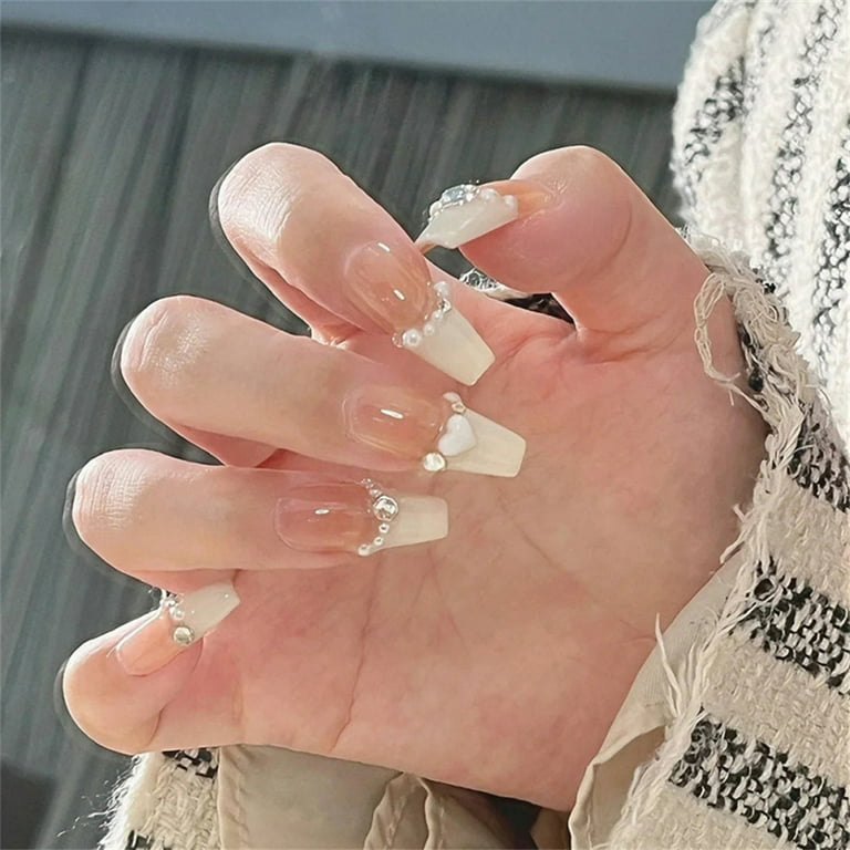LMSOED 24pcs Reusable Pearls Nail Art Artificial Nails Durable Full Cover False Nails Finger Nail DIY Decoration Women, Size: Glue Models