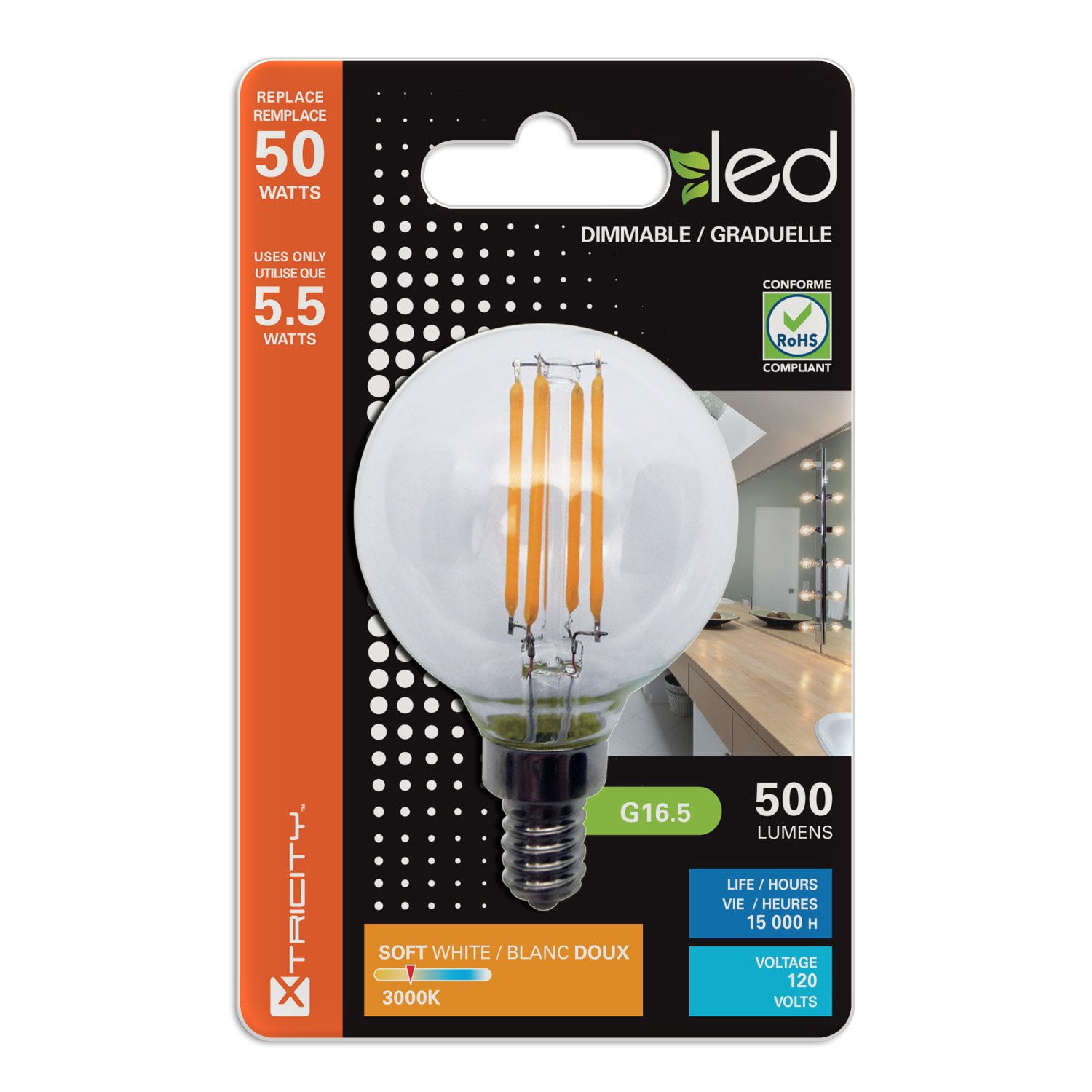 Xtricity G16.5 LED Clear Globe Filament Light Bulb, 5.5W (50W Eqv), E12 Candelabra, 3000K (6 Pack)