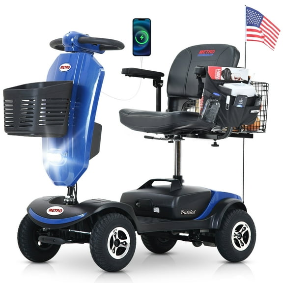 Ndrfhaj Secure Foldable, Adjustable Seat 4-Wheel Mobility Scooter with Charger and USB Ports, Blue, 350 lb Limit