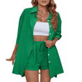 thumbnail image 4 of LYMAYTER Women Casual Outfits Linen Cotton Lapel Shirts Drawstring Shorts Lounge for Tracksuit Set XS-XL, 4 of 8