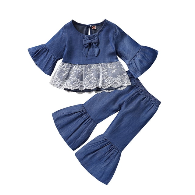Gibobby Conjunto para bebé y Niños pequeños con volantes Patchwork Nylon Encaje Tops Blusa Sólido Campana Pantalones con fondo Trajes Conjunto Ropa(Azul, 4-5 Años)