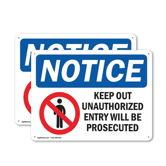(2 Pack) Keep Out Unauthorized Entry Prosecuted OSHA Notice Sign 14 Inch X 10 Inch Indoor / Outdoor Rust-Free Aluminum Metal Signs for Workplace, Workshop, and Construction Site, Made
