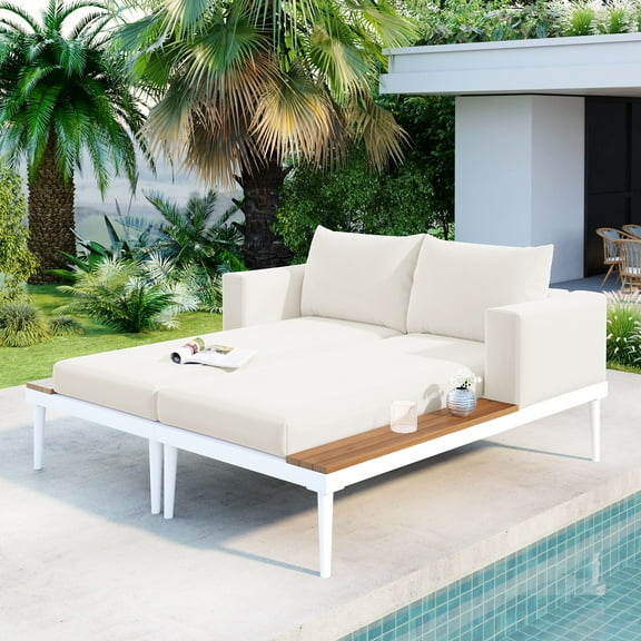Royard Oaktree Patio Daybed, Metal Daybed with Wood Side Benches, Outdoor Sofa Beds with Thick Seat & Back Cushions and Pillows, Patio Furniture Padded Chaise Lounges for Backyard Poolside, Beige