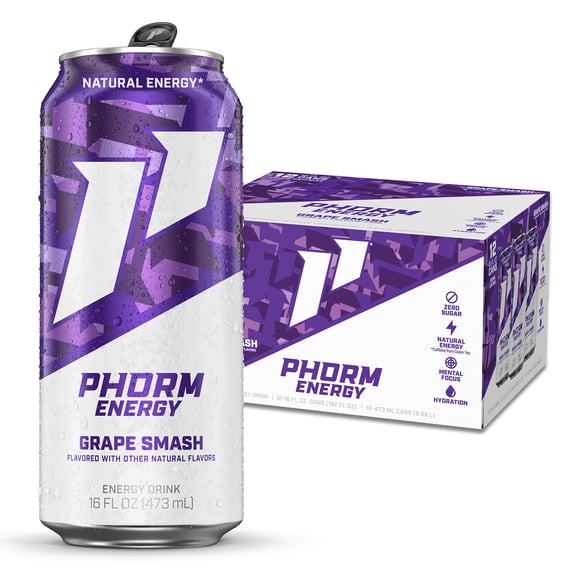 Phorm Sugar Free Energy Drink, Grape Smash Flavor, 16 fl oz Cans, 12 Pack, 200mg Caffeine