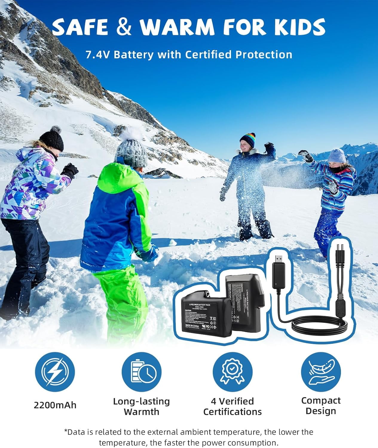 SNOWYES Heated Gloves for Kids, 7.4V Rechargeable Battery Winter Gloves for Boys Girls, Waterproof Windproof Heated Mittens for Kids, Outdoor Skiing Snowboarding Sledding Cold Weather