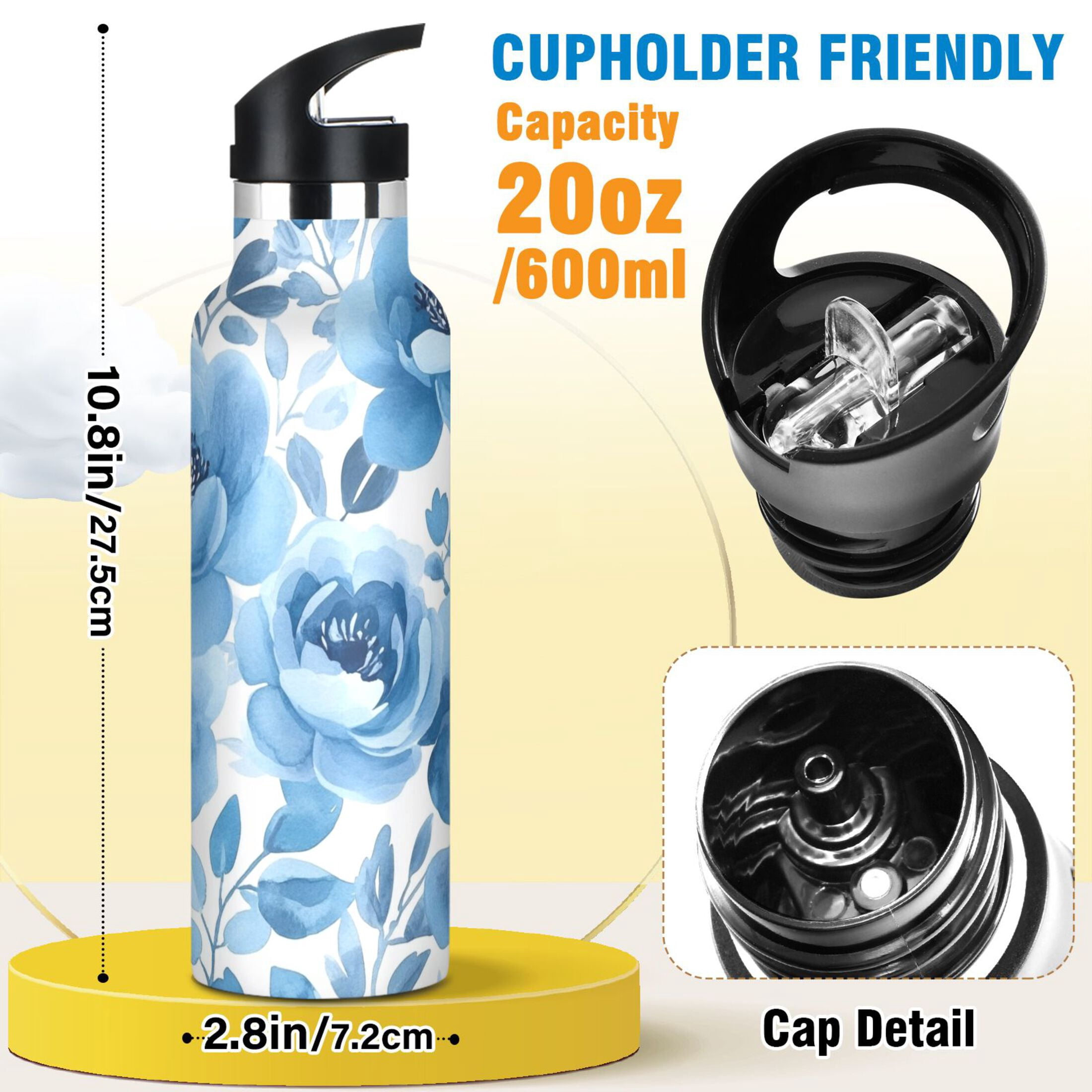 600ML Stainless Steel Insulated Cup Sports Water Bottle Portable Thermos Cup Water Glasses Insulated Tumblers Convenient and Durable Cartoon Blue Flower