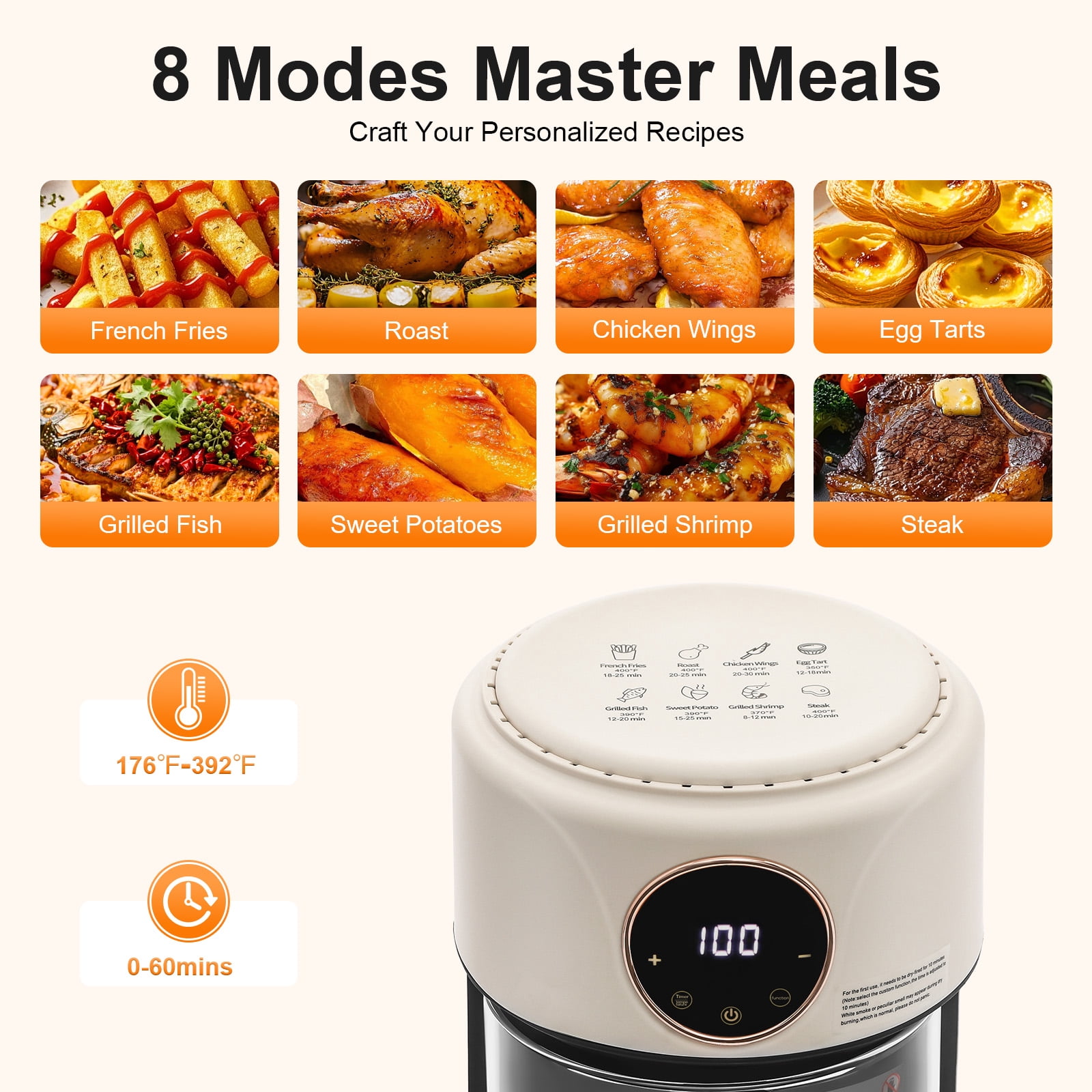 Air Fryer 4.4Qt 8-in-1 Digital Touchscreen, 1200W Compact Oilless Cooker with Borosilicate Glass Pot, 360° Visible Window, Dishwasher Safe, 80-200°C Adjustable Temp & Presets