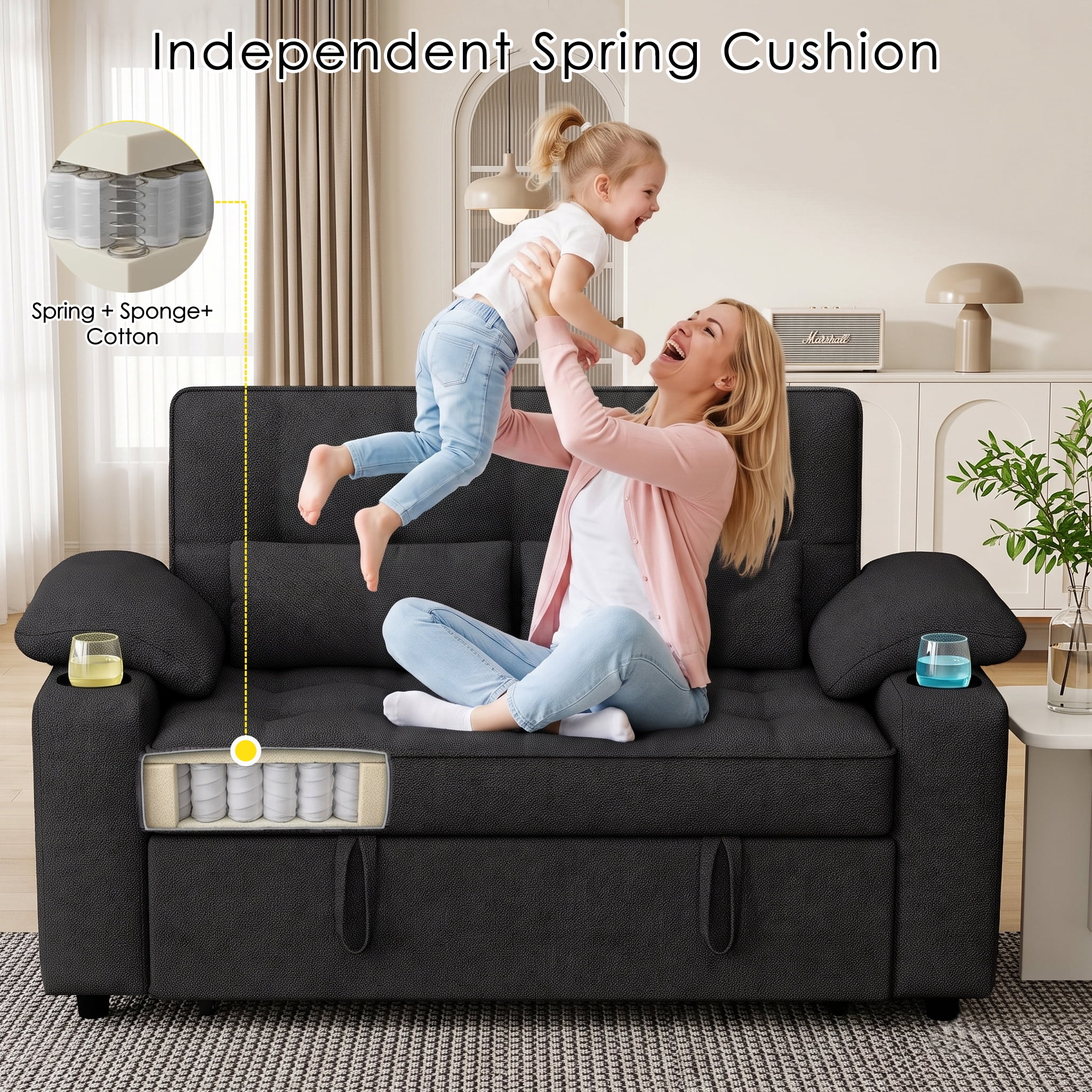 58" Convertible Sleeper Sofa Bed, Full Size Pull Out Couch with USB Charging, Cup Holders, Adjustable Backrest & Side Pockets, Towel Fabric Loveseat for Living Room, Apartment, Office (Black)