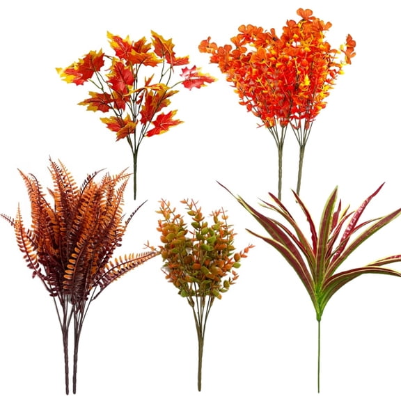 7 Bundles Artificial Flowers for Outdoor Decoration Realistic Shrubs Ferns Eucalyptus Maple Leaves UV Resistant for Planter Patio Porch Fall Thanksgiving Autumn Decor
