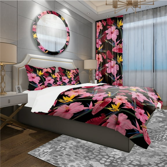 Designart 'Pattern of Tropical Pink Flowers' Tropical Duvet Cover Set