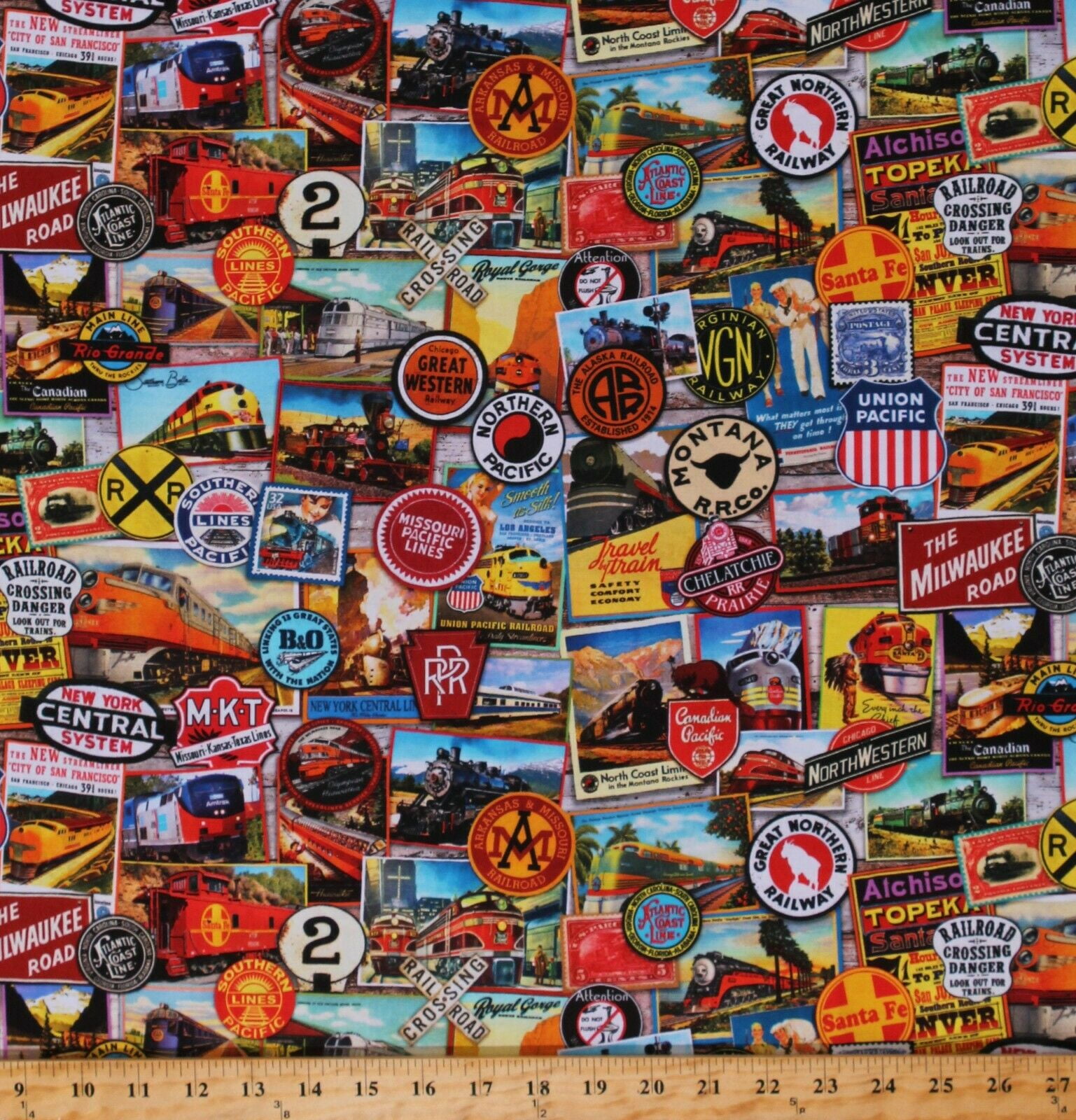 Cotton Railroads Trains Steam Engines Multicolor Cotton Fabric Print by the Yard (AOJD19708267